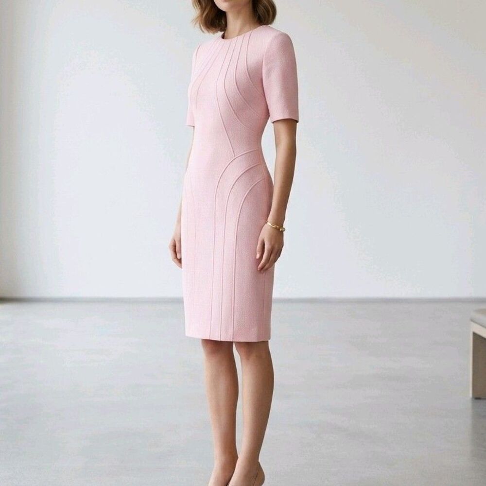 Eliza J Pink Solid Sheath Dress 3/4 Sleeve Rnd Neck Knee Length Zip Lined Sz 10 - Picture 1 of 12